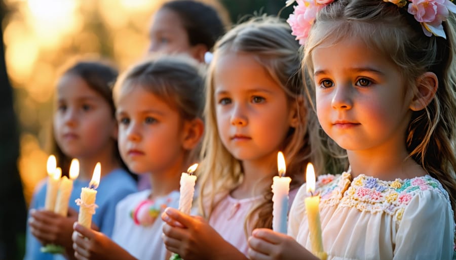 Group of children holding lit candles at outdoor Easter sunrise service