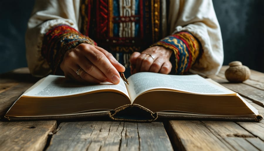 Hands folded in prayer over open journal on wooden desk
