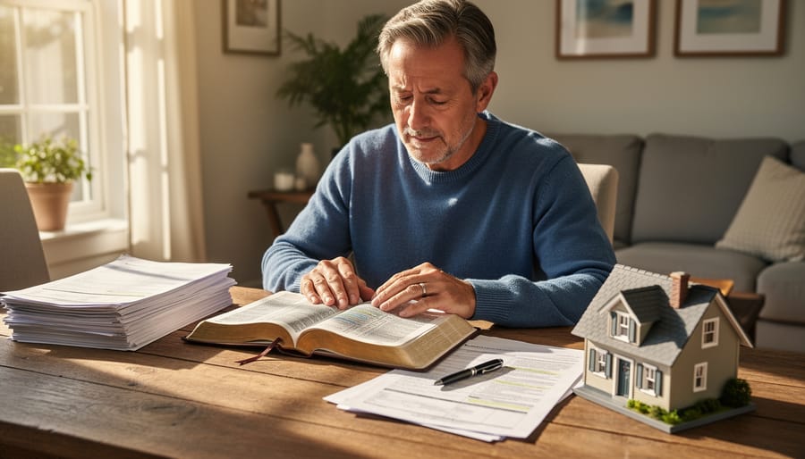 Open Bible beside house keys and property model on wooden table