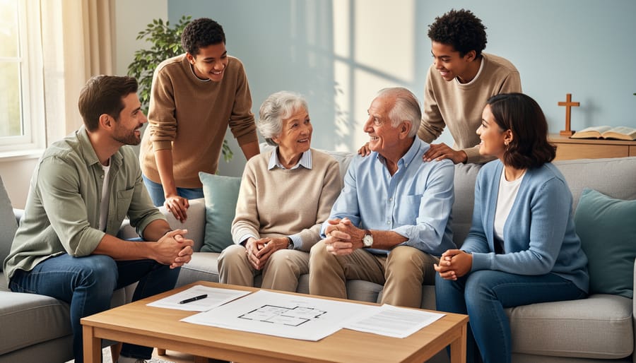 Multi-generational family holding hands together in living room