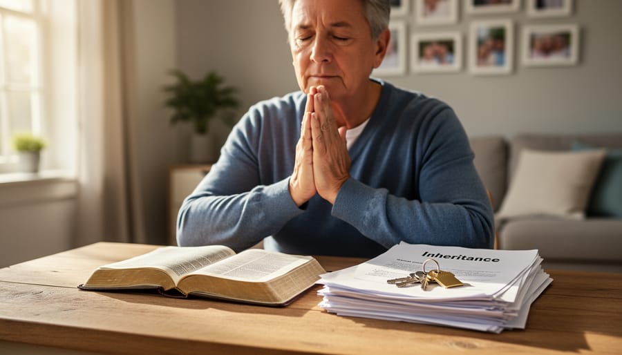 Hands folded in prayer with window and cottage visible in background