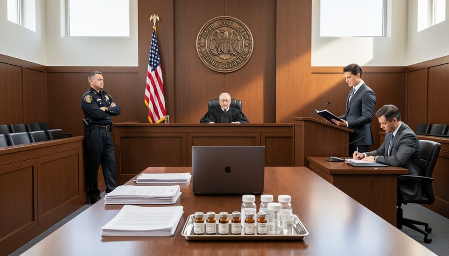 Wide view of a courtroom interior with wooden benches and a judge’s bench in the background