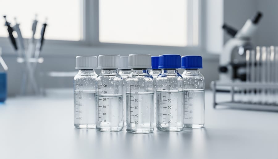 Gloved hands holding small clear glass research vials on a clean laboratory bench