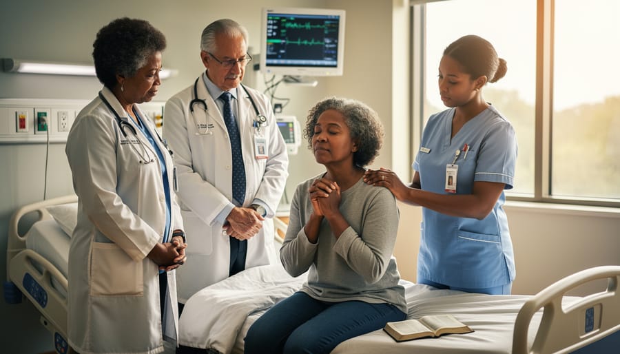 Person praying while healthcare professionals listen nearby in a clinic setting