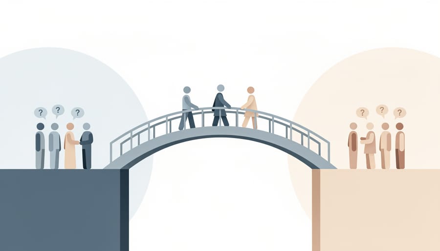 Stone-and-wood bridge over a river at dawn, symbolizing a path toward understanding.