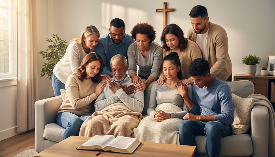 Elders and friends praying with hands laid on a seated person in a church setting