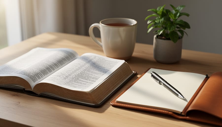 Open Bible on a wooden table next to a prayer journal and softly lit candle in a quiet room