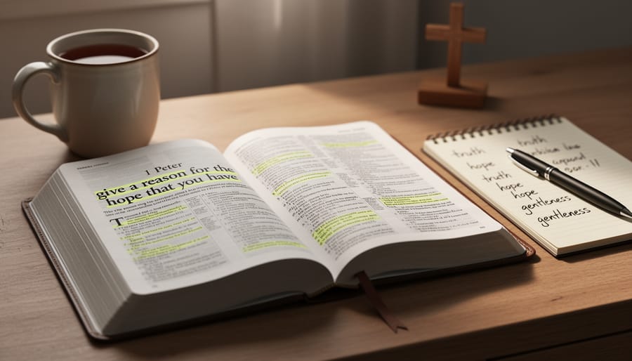 Open Bible on a wooden table with warm sunlight and softly blurred surroundings.