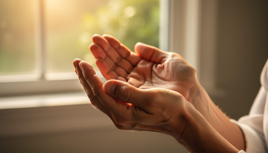 Person standing outdoors with open hands in prayer facing the morning light
