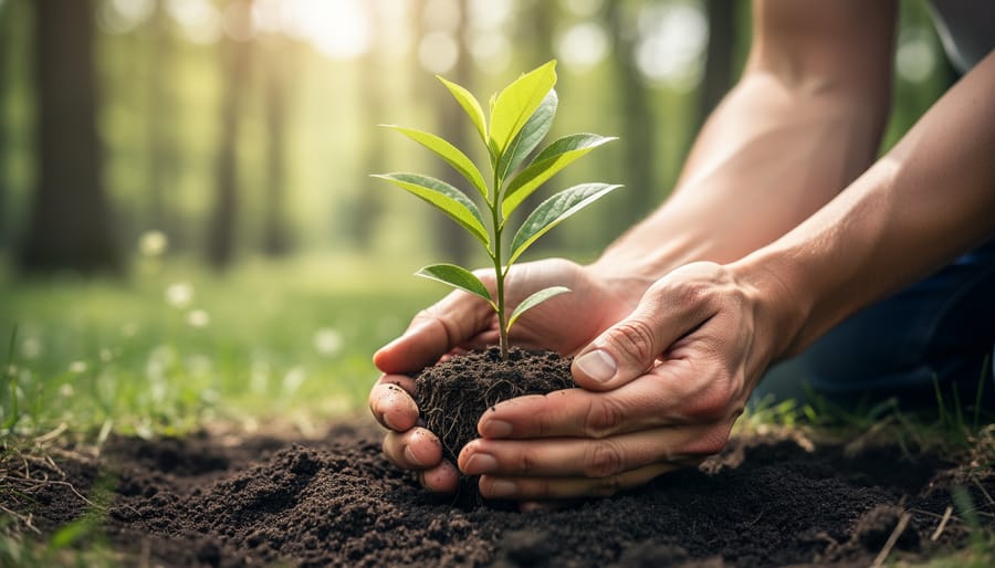 Hands planting a young sapling in dark soil with blurred garden background.