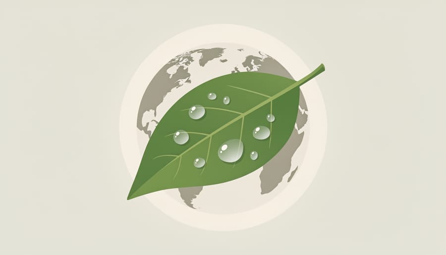 Close-up of rain droplets on a green leaf with a wooden bowl of clear rainwater nearby.