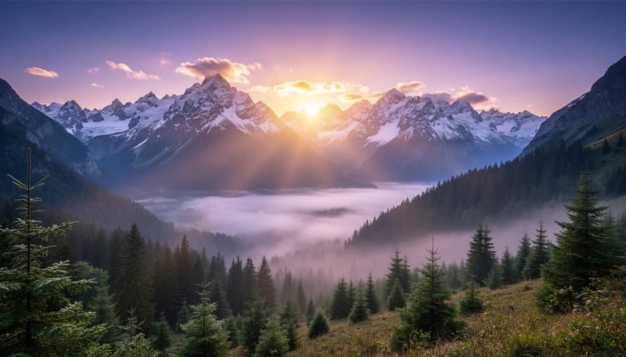 Sunrise over mountains, pine forest, and a winding river.