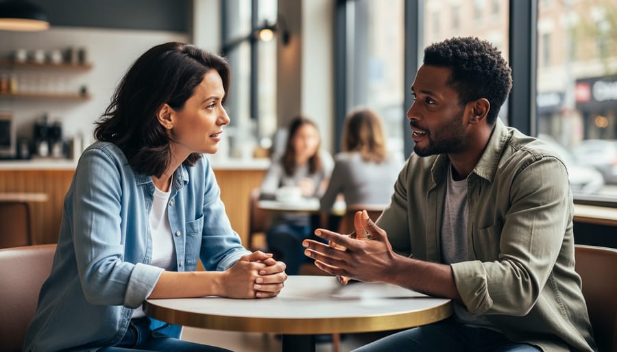 Two people talking calmly in a cozy setting, suggesting a welcoming conversation.