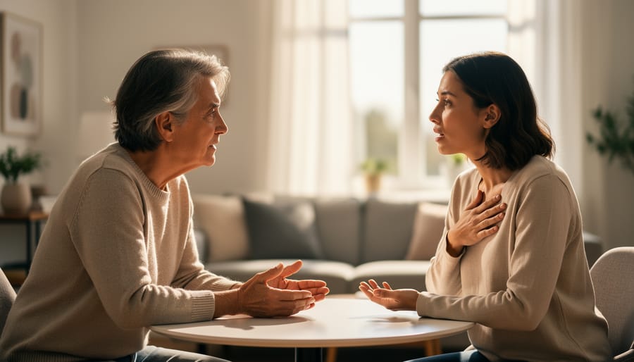 Two people conversing with attentive eye contact in a church setting