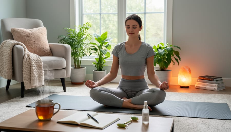 Bedside table scene with a cup of tea, rolled yoga mat, and small wellness items in soft morning light.