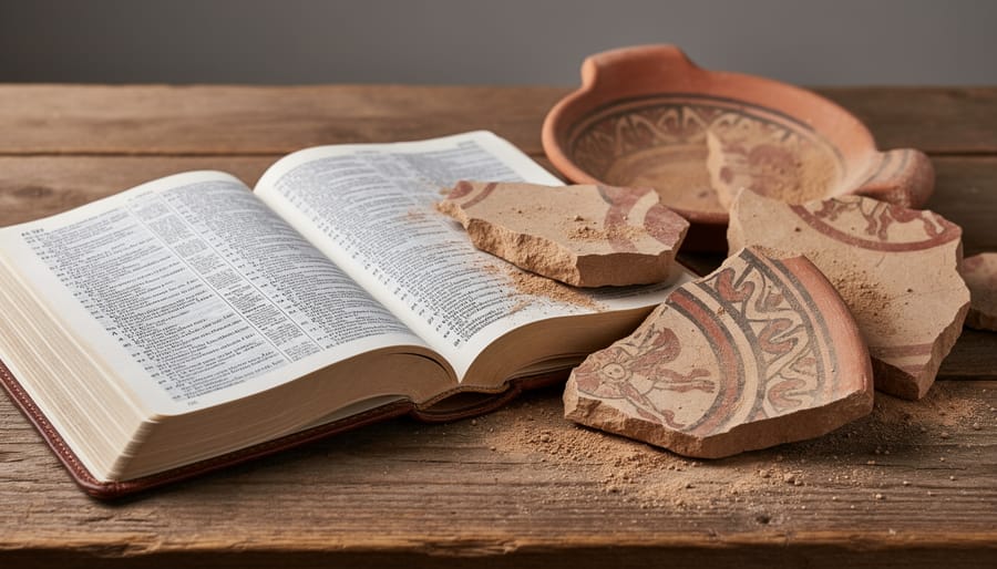 Open Bible on a wooden table next to ancient pottery shards