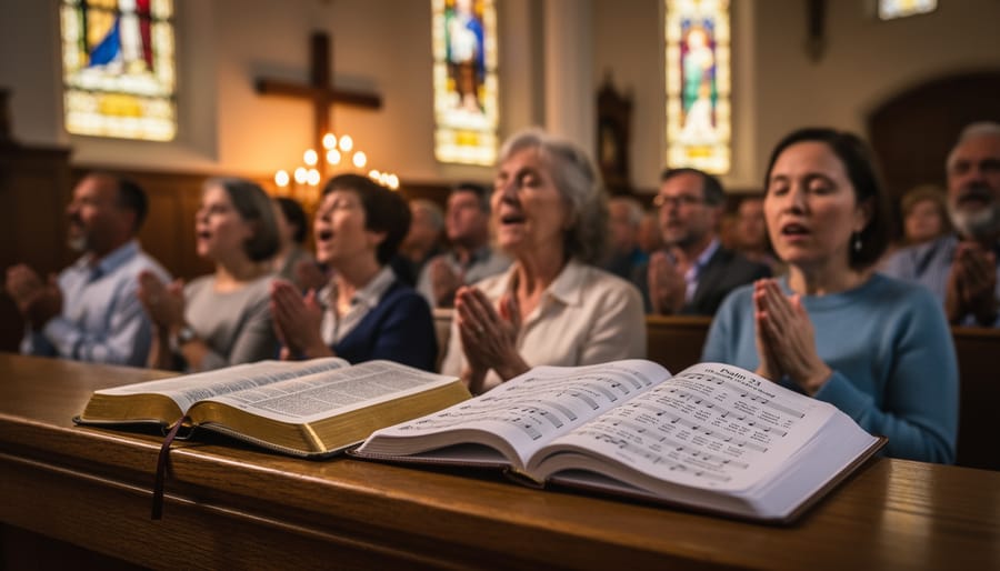 Close view of hands placing hymn sheets on a wooden pew near an open Bible