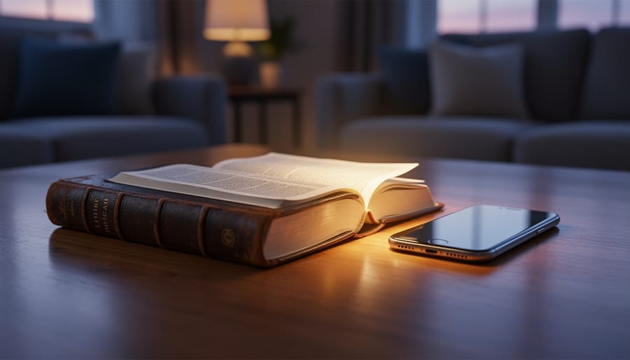 An open Bible on a wooden table next to a smartphone with a dim screen glow, representing technology supporting Bible reading.