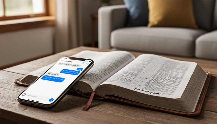 Person holding an open Bible and a smartphone at a table near a window