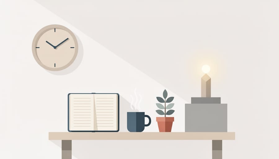 Bible, hourglass, and notebook on a desk in morning light representing stewardship