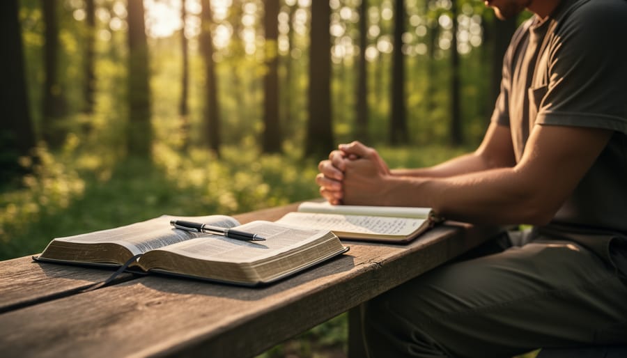 Close view of an open Bible and a handwritten journal on a wooden bench outdoors.