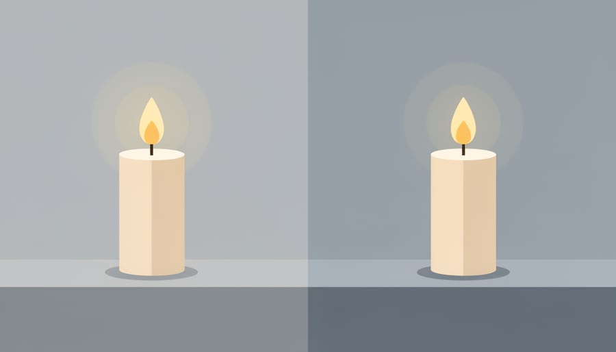 Candle flame reflected in water on a kitchen table with a softly lit background