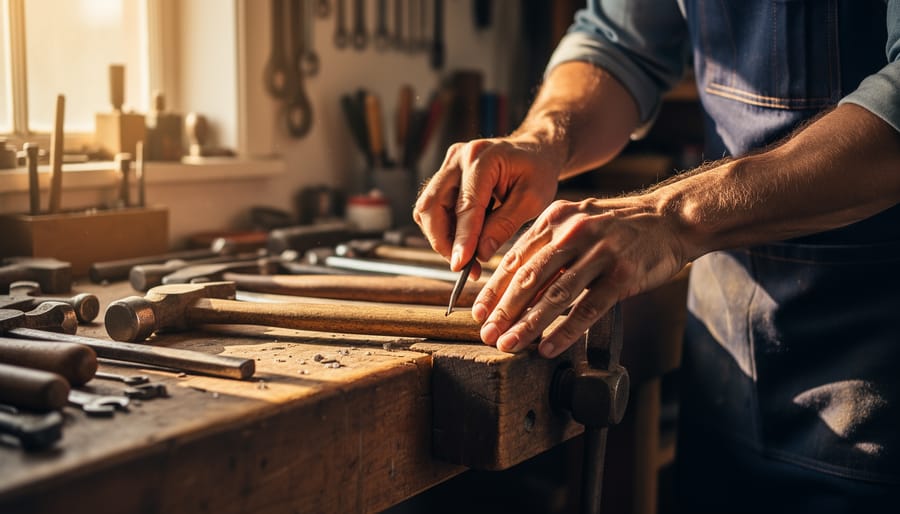 Close view of a carpenter planing wood on a workbench with sawdust and hand tools in warm golden light