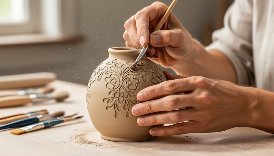Close-up of hands painting a ceramic piece on a crafts table with art supplies for Bible-inspired decorative ministry.