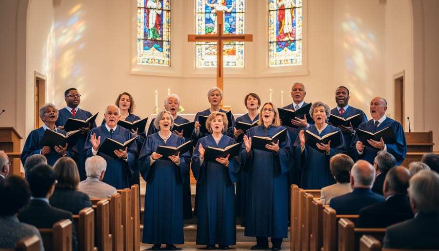 Diverse choir singing with open hymnals inside a church sanctuary