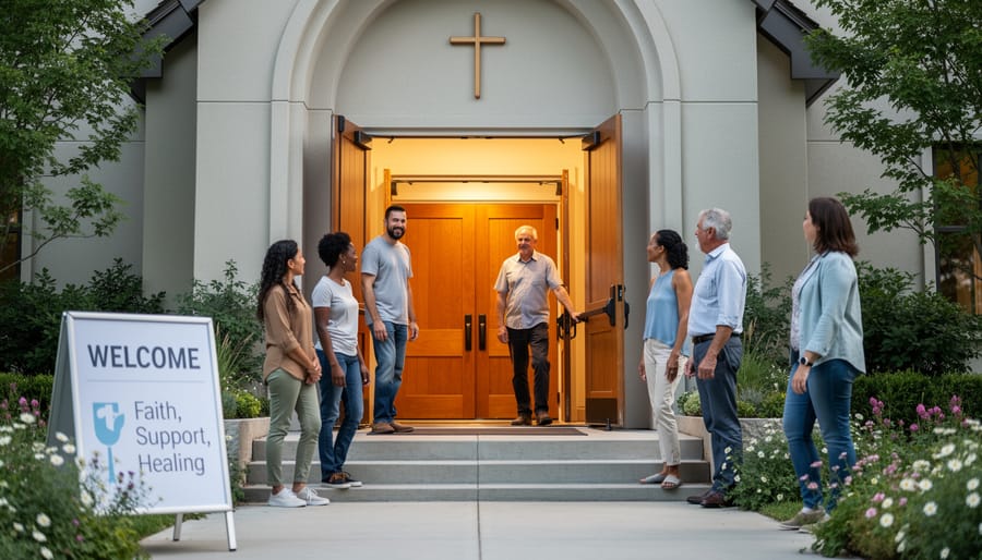 People standing in the warm-lit entrance of a church at dusk, suggesting supportive care