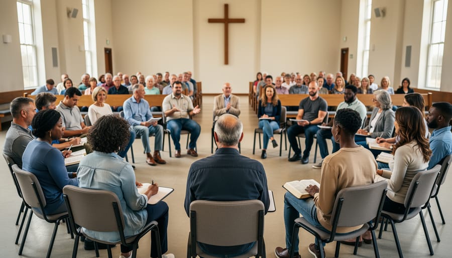 Small group seated in a circle during a church meeting