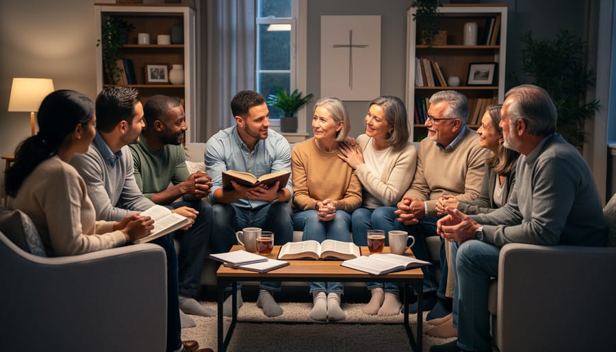 People in a small church group sitting together and discussing faith around a coffee table