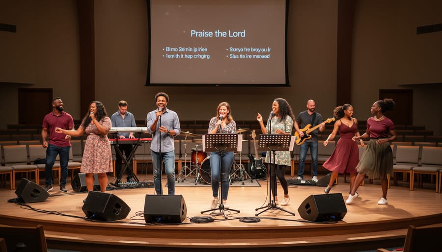 A worship dancer rehearsing in a church sanctuary with musicians seated in the background during worship arts practice.
