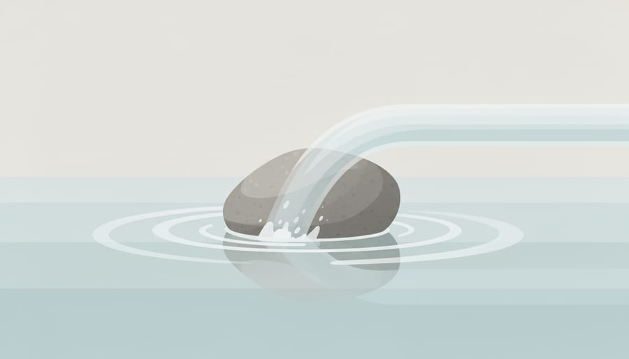Clear water flowing over a small stone pebble in bright light