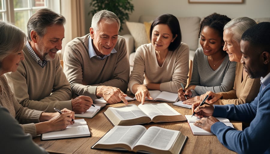 Diverse group of people gathered around an open Bible during a church study session