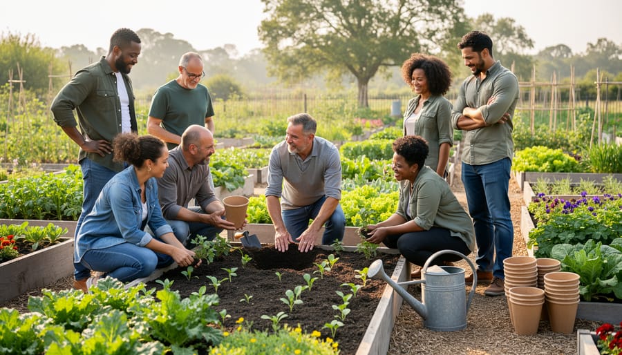 Diverse church leaders in a community garden preparing a raised bed with tools in hand.