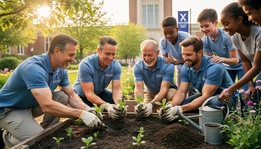 A diverse group of volunteers planting seedlings together in a community garden with native plants and fresh soil.