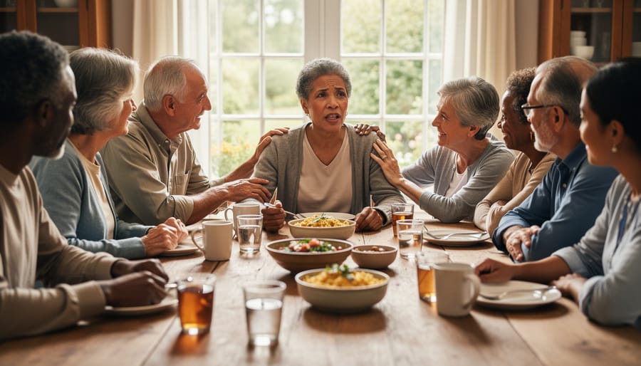 A small group sitting together around a table, showing supportive listening and hopeful community.