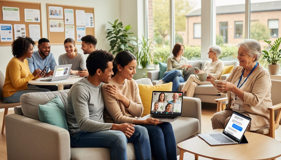 Christians gathered in a community room with a laptop on the table, listening supportively during a conversation
