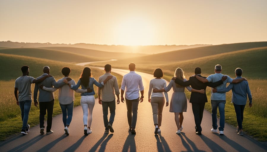 Group of church members walking together toward sunrise on a path
