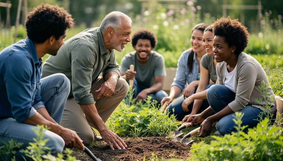 A leader kneels beside an elderly person in a garden, listening with compassion near a prepared planting bed.