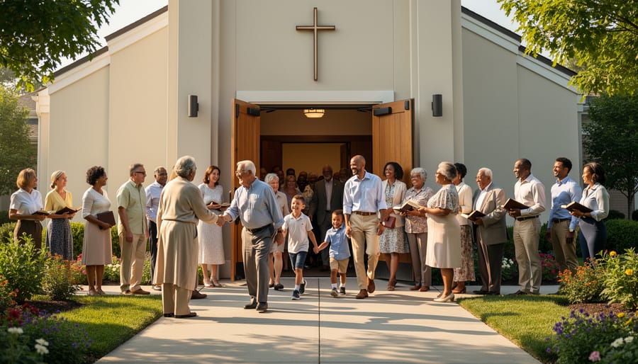People entering a church sanctuary through open doors on a bright day