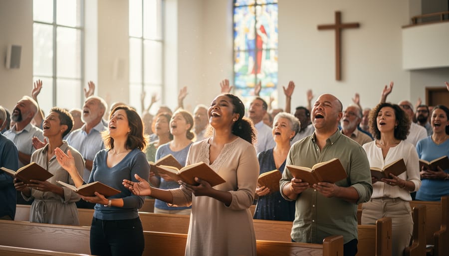 People singing together in a church sanctuary during worship.