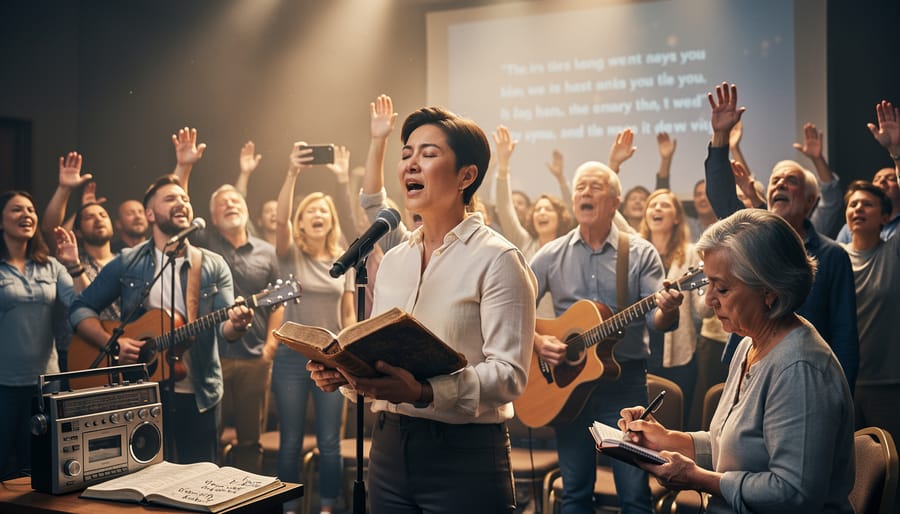 A musician and congregation singing together in a warmly lit room, with a lyre visible in the foreground.