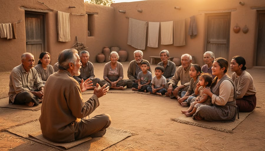 An elderly storyteller speaks to a small group gathered in a sunlit courtyard.