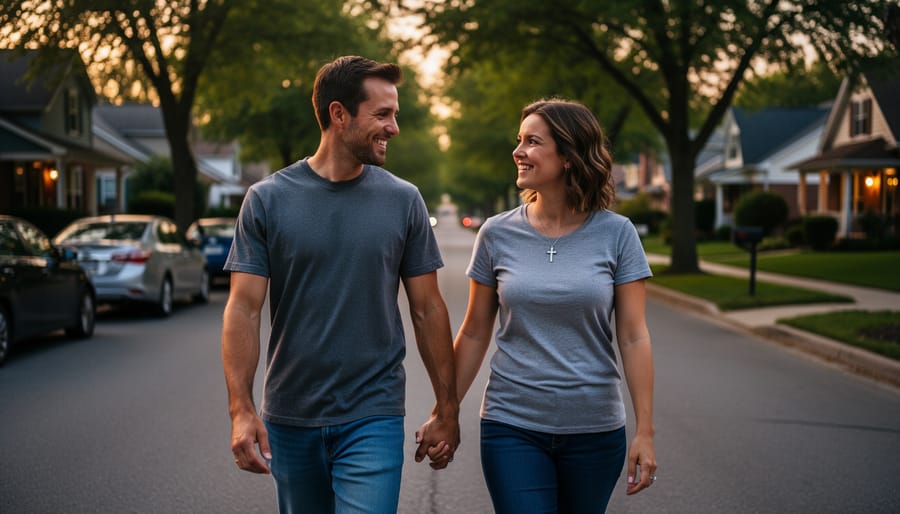 Couple walking arm-in-arm at dusk along a quiet sidewalk with soft streetlight glow