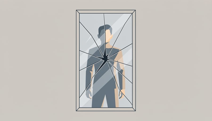A cracked mirror reflecting a dim human silhouette, symbolizing distorted self-perception from pride.