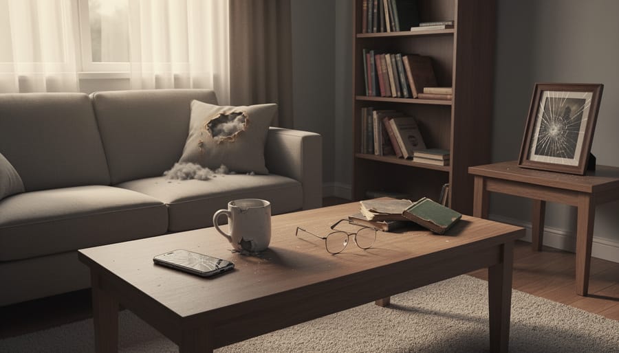 A dim apartment doorway with a half-open coat on a chair and a cracked mug on the floor