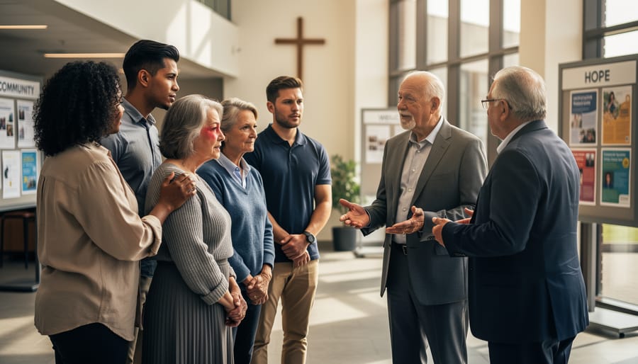 Diverse church members listening in a circle with gentle, respectful body language after conflict