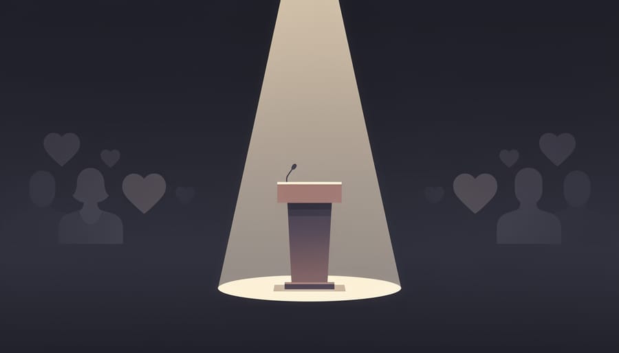 An empty podium under a spotlight with dark surrounding seating, symbolizing self-promotion.